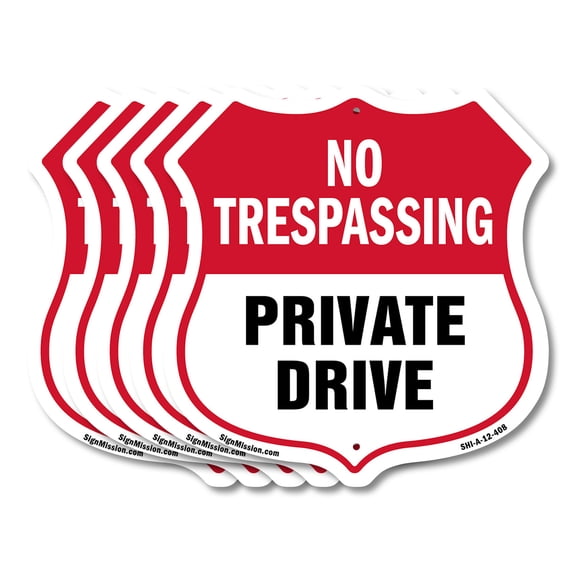 No Trespassing Shield Sign Private Drive (5 Pack) 12 inch X 12 inch Shield-Shaped Rust-Free Aluminum Metal Signs Weather Resistant, UV Protected for Workplace Made in the USA