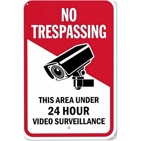 No Trespassing Sign Area Under 24 Hour Video Surveillance - 8"x12" Tin Vintage Metal Warning Sign, Surveillance Decor for Home Farm Bar Coffee Shop Club