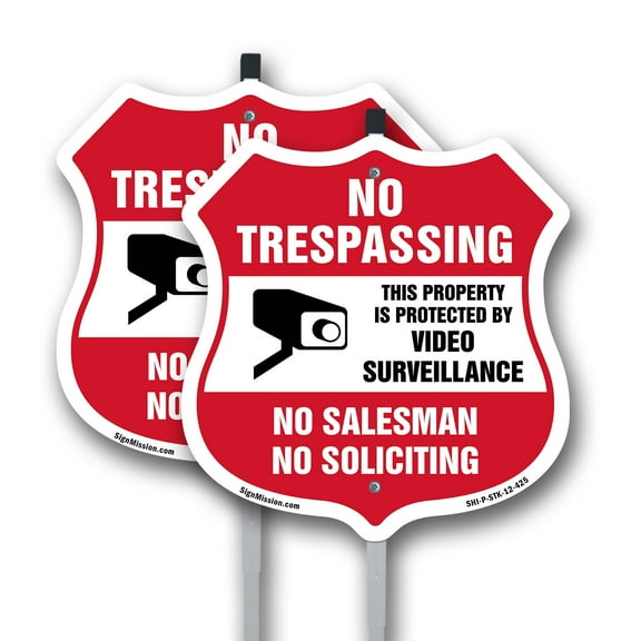 No Trespassing Sign This Property Is Protected By Video Surveillance No Salesman No Soliciting (2 Pack) 12 inch X 12 inch Shield Shaped Commercial Grade Plastic Signs with Aluminum