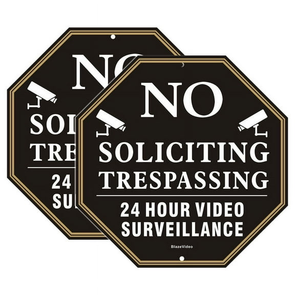 No Trespassing Sign, No Soliciting Sign, 24 Hour Video Surveillance Sign, White on Black Security Sign, 12" x 12" Rust Free Aluminum, Fade Resistant, UV Protected & Waterproof (2 Pack)