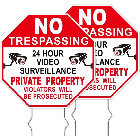 NO Trespassing Signs Private Property Video Surveillance Sign, 2-Pack 8" x 12" Metal Sign, Outdoor Yard Sign for Home and Front Door Land, and Garden, Lawn/Without a frame