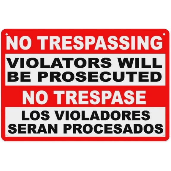 No Trespassing Violators Will Be Prosecuted Bilingual Sign 8"x12", Aluminum Tin Warning Signs for Home Outdoor Garden, Weatherproof Bilingual Security Sign