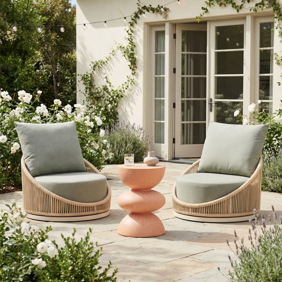 Tressa Side Table Terracotta End Table, Modern Style, Faux Terrazzo Poly Cement round shape tabletop, Poly Cement, Outdoor Living