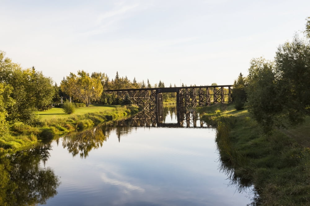 Tressel bridge over Sturgeon River St Albert Alberta Canada Canvas Art - LJM Photo Design Pics (19 x 12)