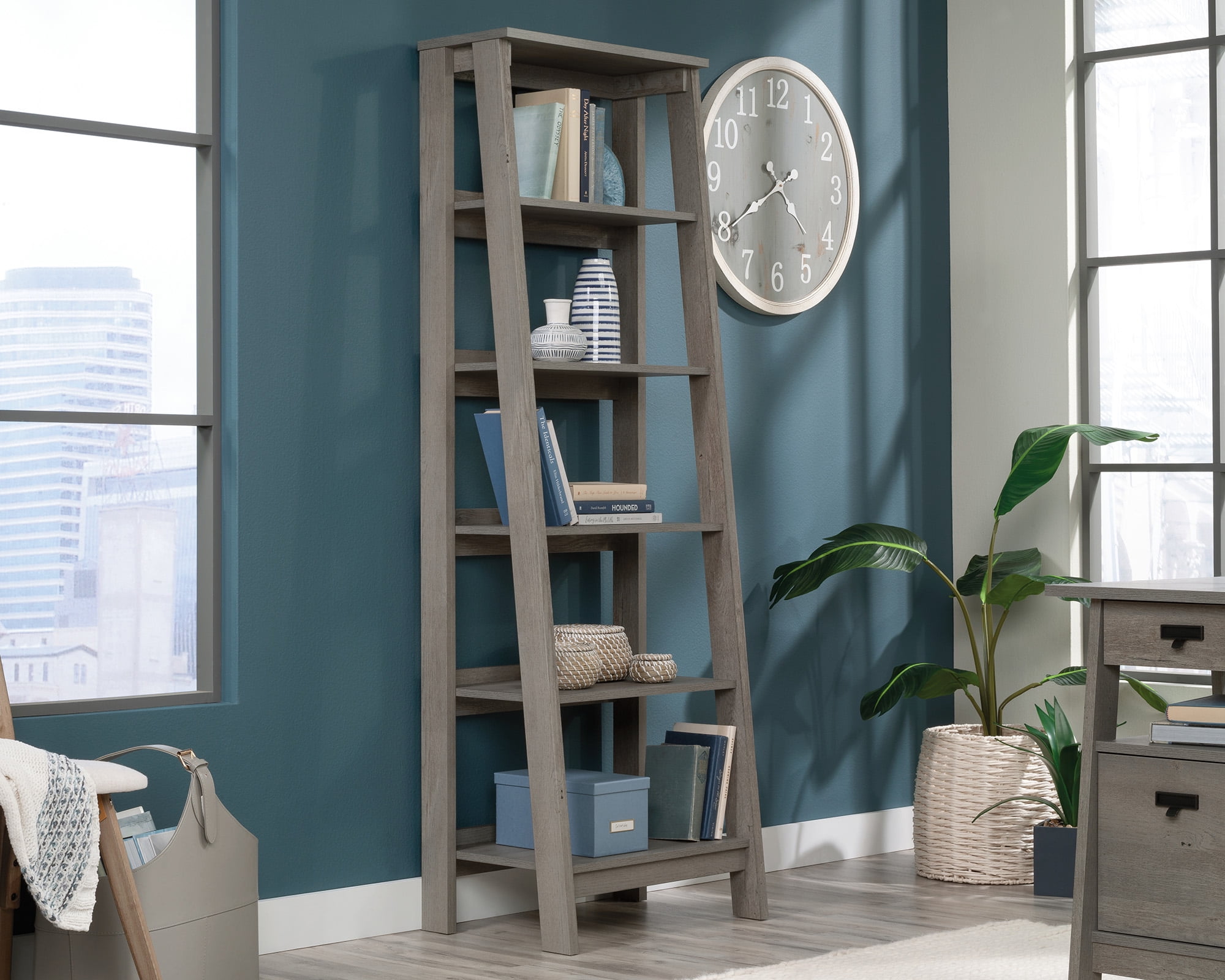 Mystic Oak Adjustable 5-Shelf Bookcase with Cubes
