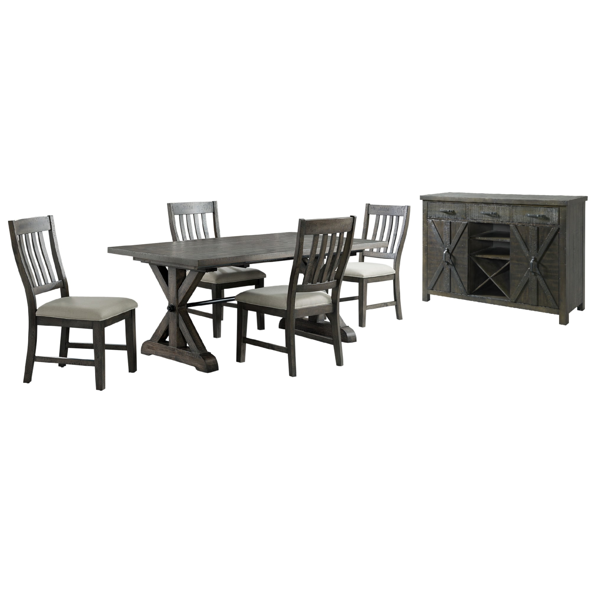 Gray Pine and Acacia Wood Extendable Dining Set with Upholstered Chairs