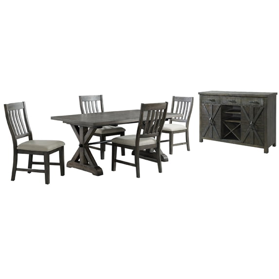 Trestle 6Pc 96" Rectangle Extendable Dining Table Set /Wine Server in Gray Wood