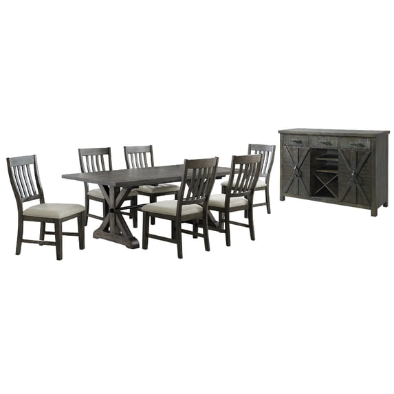 Trestle 8Pc 96" Rectangle Extendable Dining Table Set /Wine Server in Gray Wood