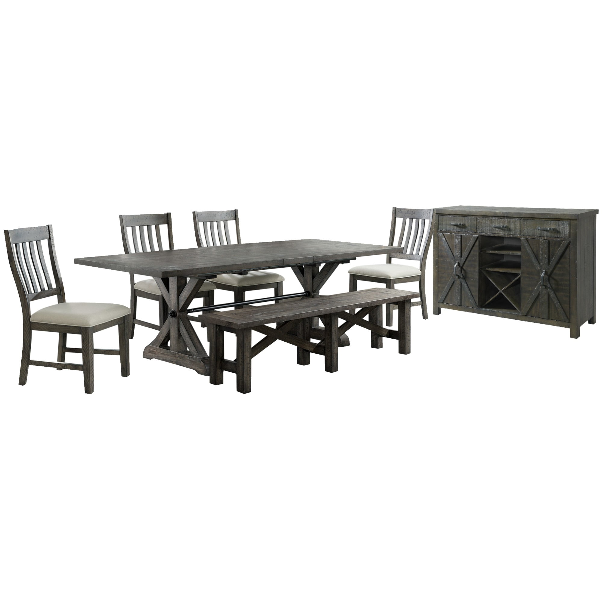 Gray Pine and Acacia Wood 96" Extendable Dining Set with Bench and Server