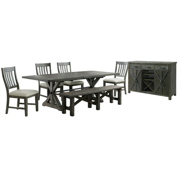 Trestle 96" Rectangle Extendable Dining Table Set with Bench/Server in Gray Wood