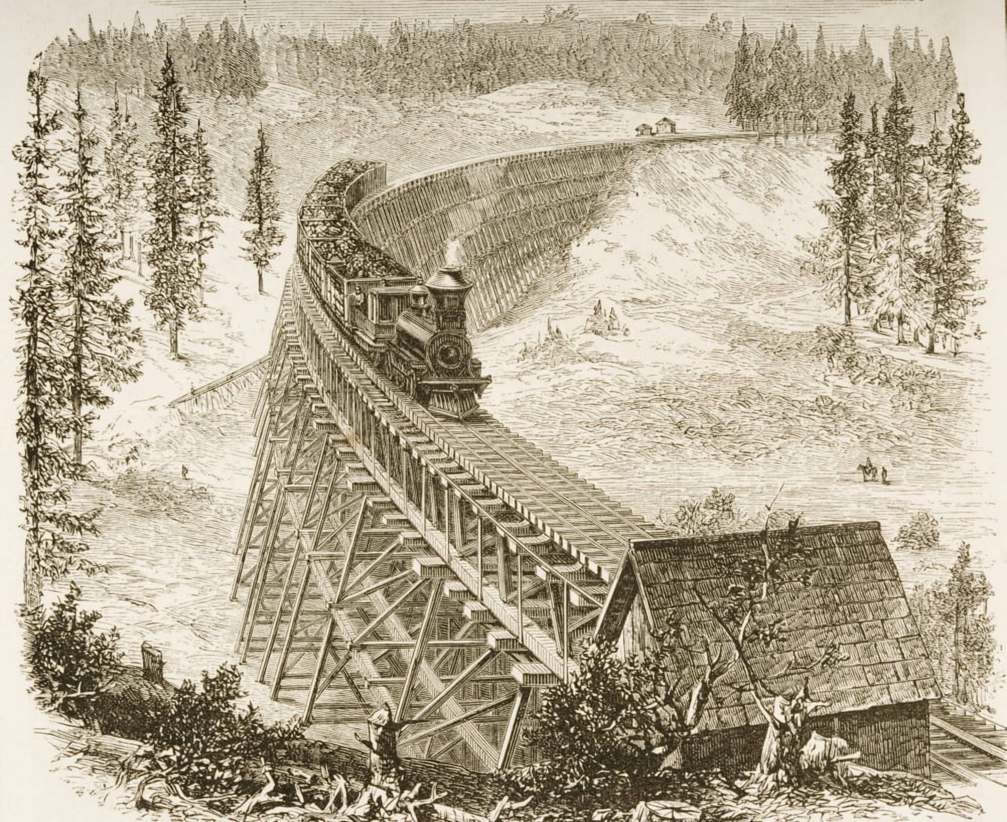 Trestle Bridge Of The Central Pacific Railroad In The 1870S From American Pictures Drawn With Pen And Pencil By Rev Samuel Manning Circa 1880 Canvas Art - Ken Welsh Design Pics (32 x 26)