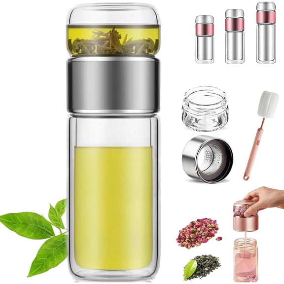Tretiva Glass Infuser, Tea 3-in-1 Smart Tea Infuser, Travel Glass Tea Infuser, Double Layered Glas Tea Separation Leak-Proof Tea Maker, for Blooming & Loose Leaf Tea , Tea Water Separation Pot