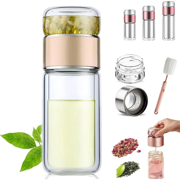 Tretiva Glass Infuser, Tea 3-in-1 Smart Tea Infuser, Travel Glass Tea Infuser, Double Layered Glas Tea Separation Leak-Proof Tea Maker, for Blooming & Loose Leaf Tea , Tea Water Separation Pot