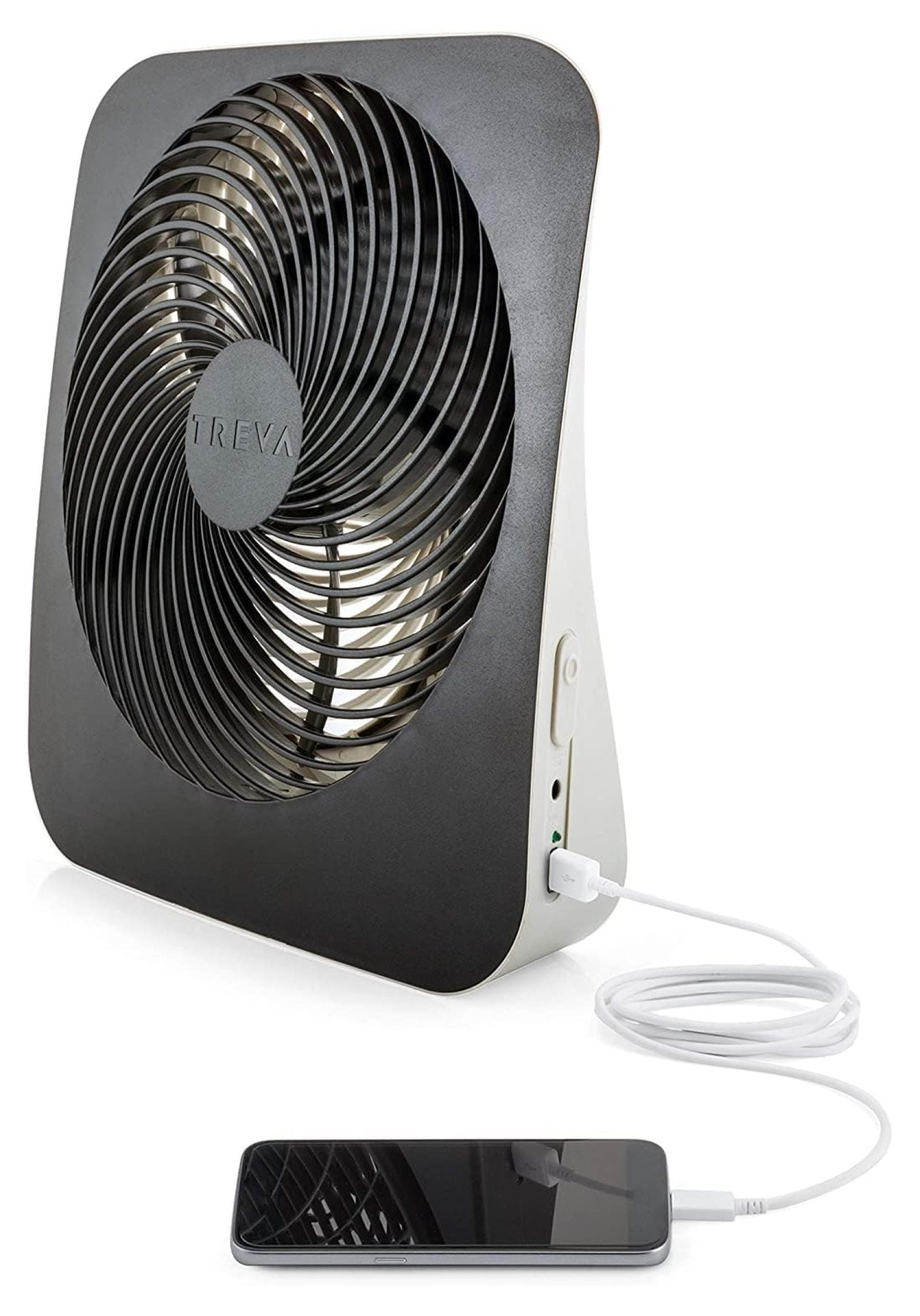 Treva 10-Inch Portable Desk Battery Fan, Powered by Battery and/or Adapter - Air Circulating with 2 Cooling Speeds, With Built In USB Charging Port