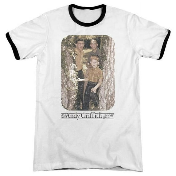 Trevco Andy Griffith & Tree Photo Adult Ringer Short Sleeve T-Shirt, White & Black - 2X