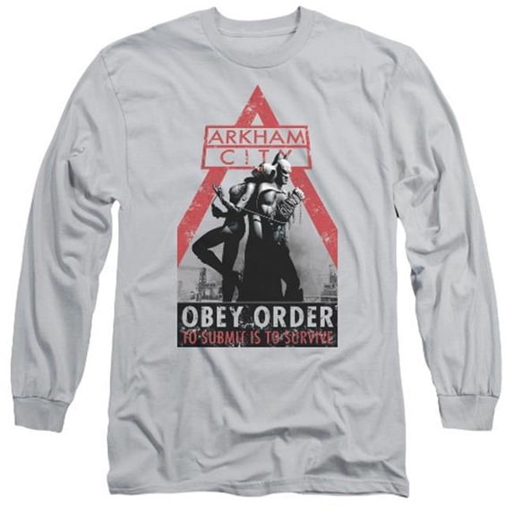 Trevco Arkham City-Obey Order - Long Sleeve Adult 18-1 Tee - Silver- 2X