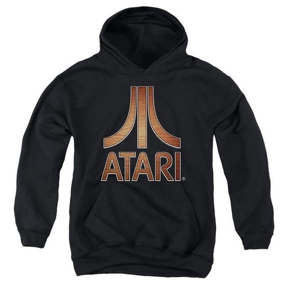 Trevco Atari & Classic Wood Emblem Youth Cotton Pull-Over Hooded Sweatshirt, Black - Small