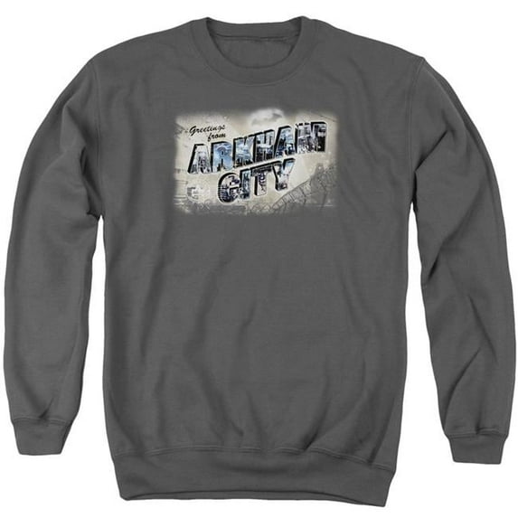 Trevco BM1973-AS-3 Arkham City & Greetings From Arkham Adult Crewneck Sweatshirt, Charcoal - Large