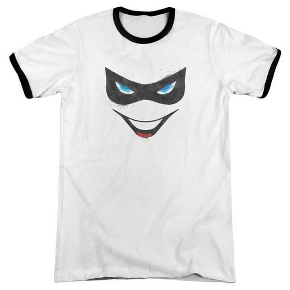 Trevco BM2241-AR-3 Batman & Harley Face Adult Cotton Ringer Short Sleeve T-Shirt, White & Black - Large