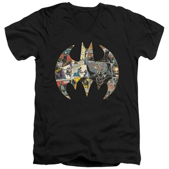 Trevco BM2949-AV-1 Batman Collage Shield Short Sleeve Adult V-Neck 30-1 T-Shirt, Black - Small