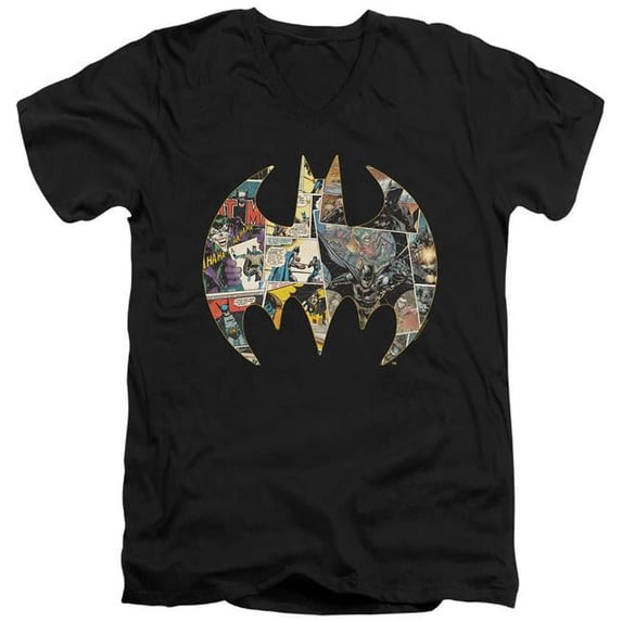 Trevco BM2949-AV-3 Batman Collage Shield Short Sleeve Adult V-Neck 30-1 T-Shirt, Black - Large