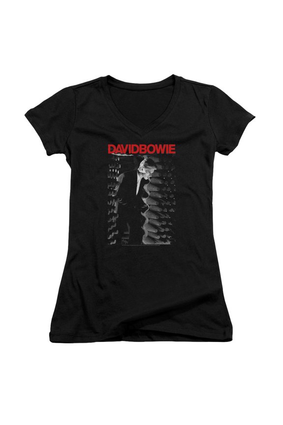 BOWIE109-JV-1 David Bowie Station to Station-Junior V-Neck T-Shirt, Black - Small