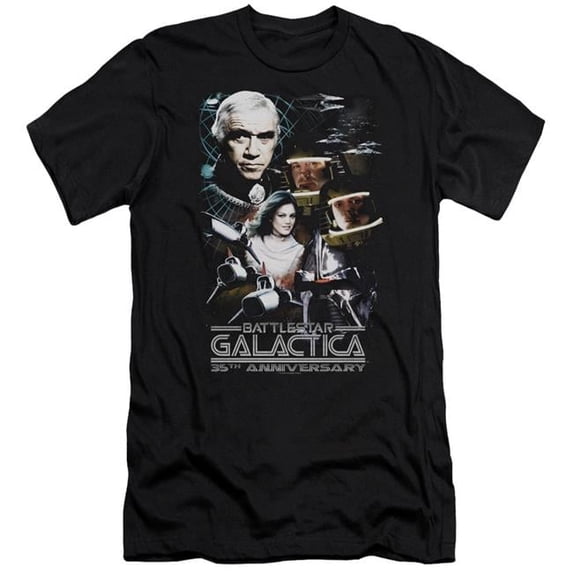 Trevco BSG & 35th Anniversary Collage HBO Short Sleeve Cotton Adult Premium Canvas Brand Slim Fit 30-1 T-Shirt, Black - Extra Large