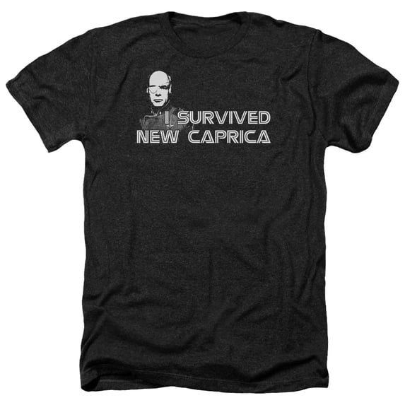 Trevco BSG178-HA-4 Battlestar Galactica & I Survived New Caprica-Adult Heather T-Shirt, Black - Extra Large