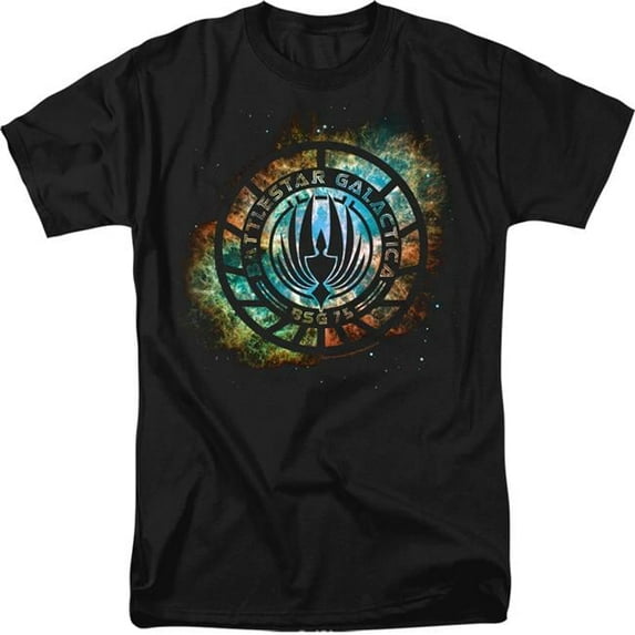 Trevco BSG251-HA-1 Battlestar Galactica New & Emblem Knock-Out-Adult Heather T-Shirt, Black - Small