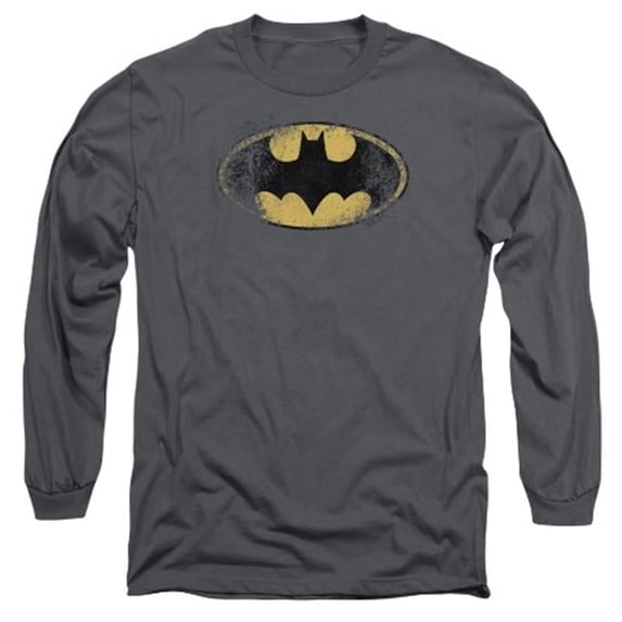 Trevco Batman-Destroyed Logo - Long Sleeve Adult 18-1 Tee - Charcoal- Medium