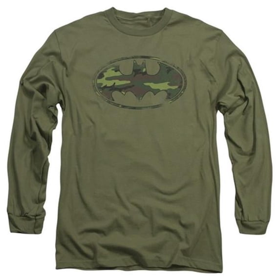 Trevco Batman-Distressed Camo Shield - Long Sleeve Adult 18-1 Tee - Military Green- 2X