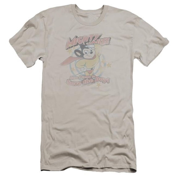 Trevco Mighty Mouse & At Your Service Premium Canvas Adult Cotton Slim Fit 30-1 T-Shirt, Silver - Small