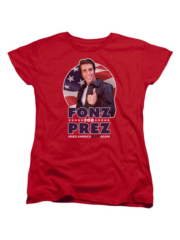 CBS1823-WT-2 Happy Days & Fonz for Prez Short Sleeve Cotton Women T-Shirt, Red - Medium