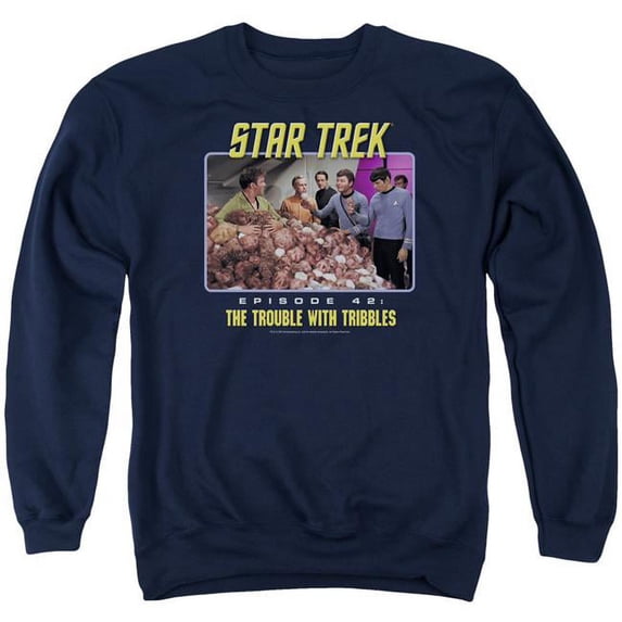Trevco CBS258-AS-4 St Original & the Trouble with Tribbles Adult Cotton & Polyster Crewneck Sweatshirt, Navy - Extra Large