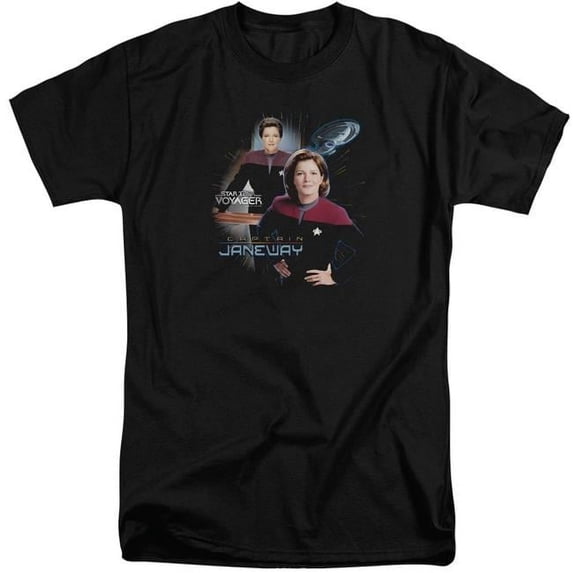 Trevco CBS570-ATT-4 Star Trek & Captain Janeway Short Sleeve Adult Cotton Tall T-Shirt, Black - Extra Large