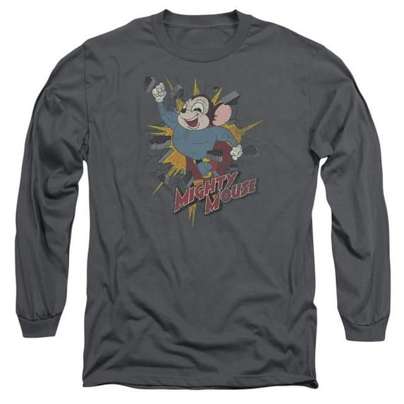 Trevco CBS964-AL-6 Mighty Mouse & Break Through Long Sleeve Adult Cotton 18-1 T-Shirt, Charcoal - 3X