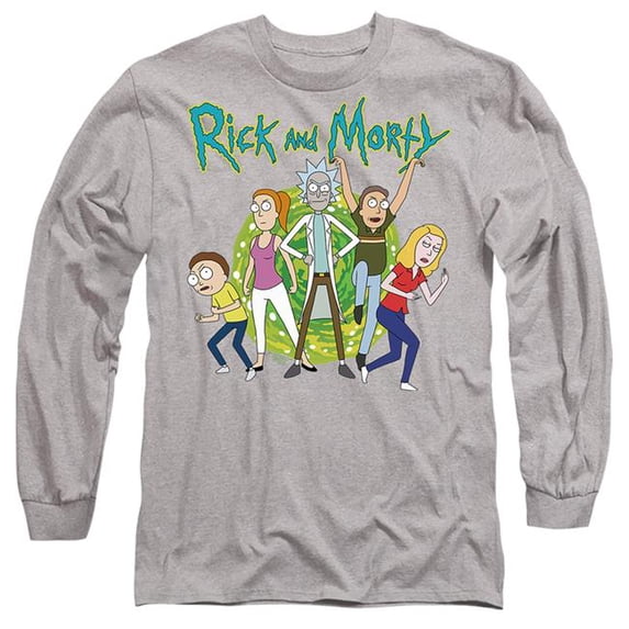Trevco CN1964-AL-2 Rick & Morty Family Fights Together Long Sleeve Adult 18-1 T-Shirt, Athletic Heather - Medium