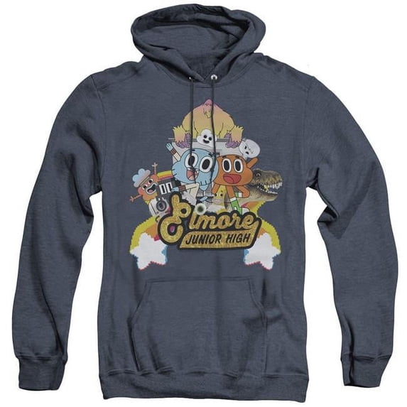 Trevco CN512-AHH-4 Amazing World of Gumball & Elmore Junior High-Adult Heather Hoodie, Navy - Extra Large