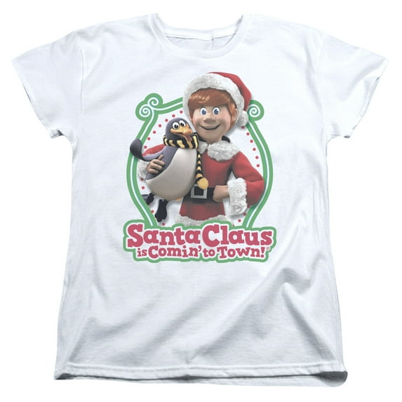 Trevco DRM130-WT-1 Santa Claus is Comin to Town & Penguin Womens Short Sleeve T-Shirt, White - Small