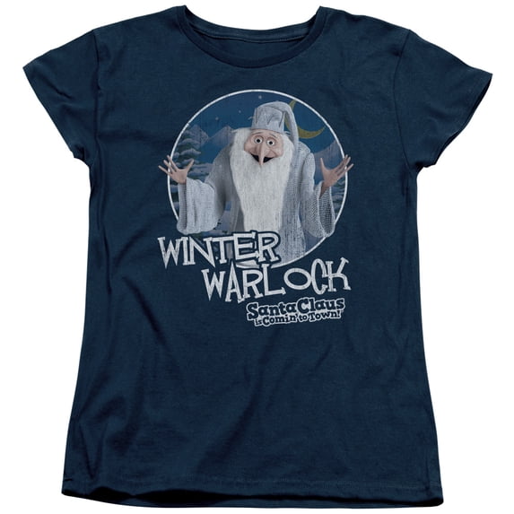 Trevco DRM149-WT-4 Santa Claus is Comin to Town & Winter Warlock Womens Short Sleeve T-Shirt, Navy - Extra Large