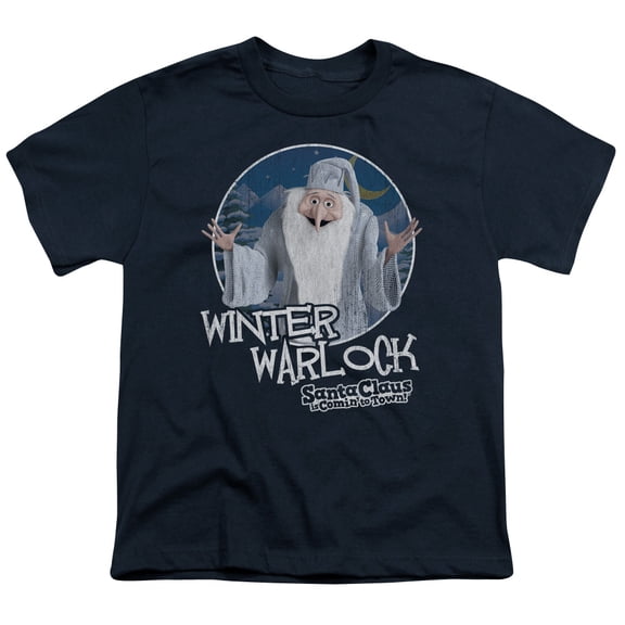 Trevco DRM149-YT-2 Santa Claus is Comin to Town & Winter Warlock Youth 18-1 Short Sleeve T-Shirt, Navy - Medium