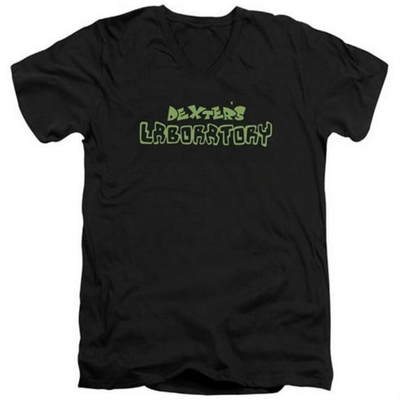 Trevco Dexters Laboratory-Dexters Logo - Short Sleeve Adult 30-1 V-Neck Tee - Black, Medium