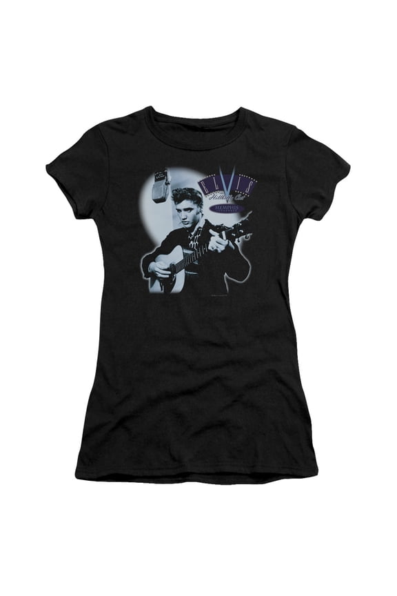 ELV154-JS-4 Elvis Presley & Hillbilly Cat Juniors Sheer Cap Short Sleeve T-Shirt, Black - Extra Large