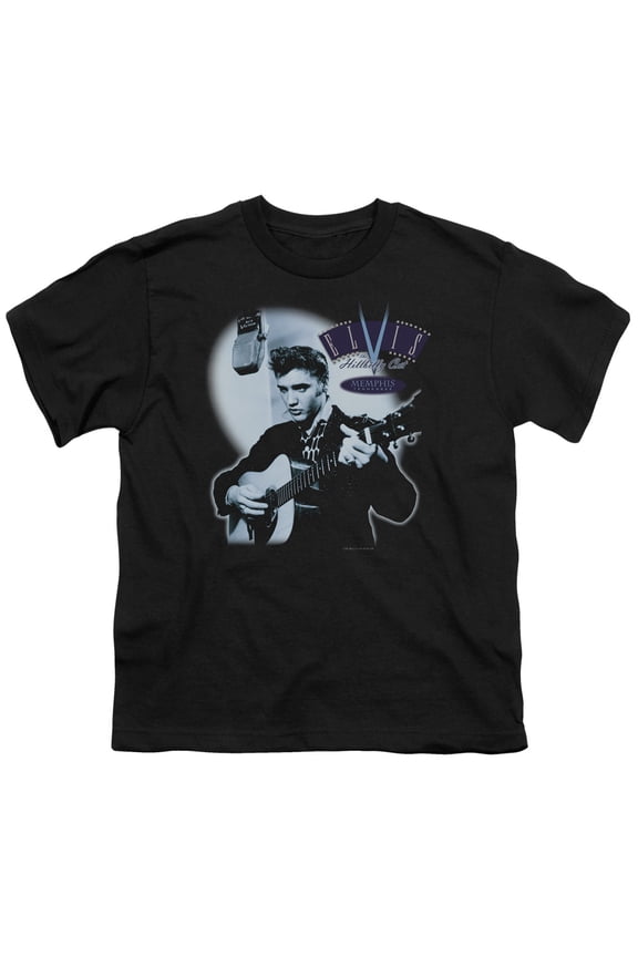 ELV154-YT-3 Elvis Presley & Hillbilly Cat Youth 18-1 Short Sleeve T-Shirt, Black - Large