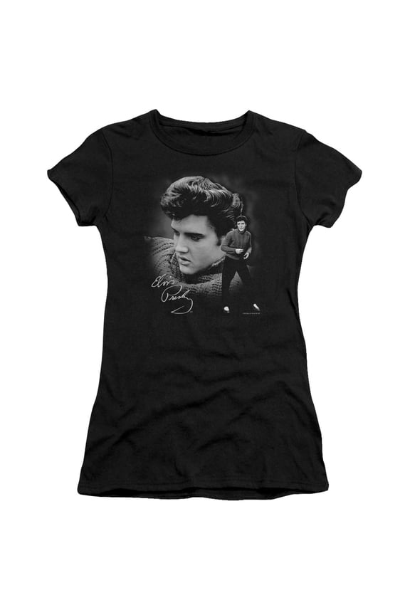 ELV191-JS-2 Elvis Presley & Sweater Juniors Sheer Cap Short Sleeve T-Shirt, Black - Medium