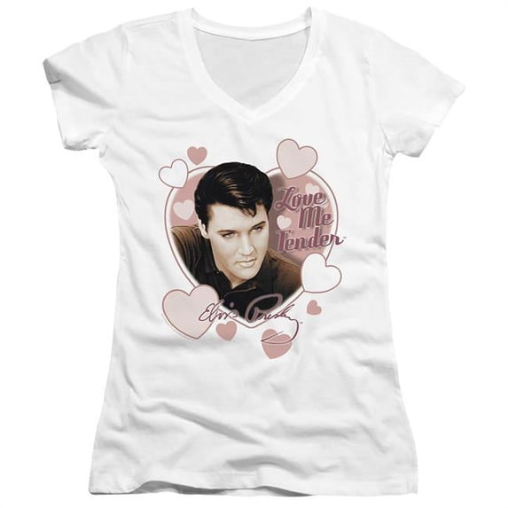Trevco ELV227-JV-4 Elvis & Love Me Tender - Junior V-Neck T-Shirt, White - Extra Large