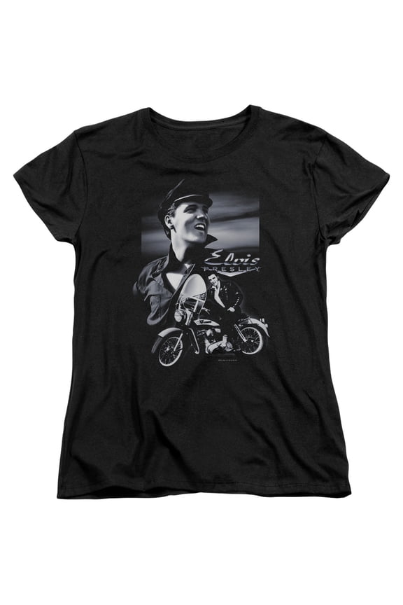 ELV282-WT-5 Elvis Presley & Motorcycle Womens Short Sleeve T-Shirt, Black - 2X