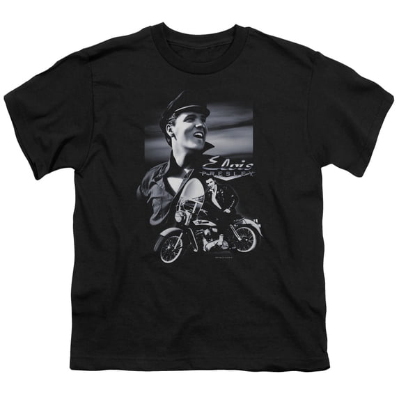 Trevco ELV282-YT-1 Elvis Presley & Motorcycle Youth 18-1 Short Sleeve T-Shirt, Black - Small