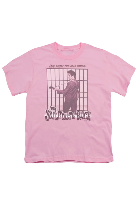 ELV457-YT-3 Elvis Presley & Cell Block Rock Youth 18-1 Short Sleeve T-Shirt, Pink - Large