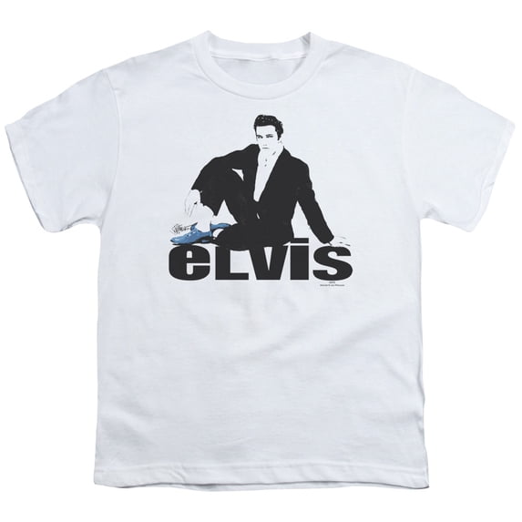 Trevco ELV571-YT-2 Elvis Presley & Blue Suede Youth 18-1 Short Sleeve T-Shirt, White - Medium
